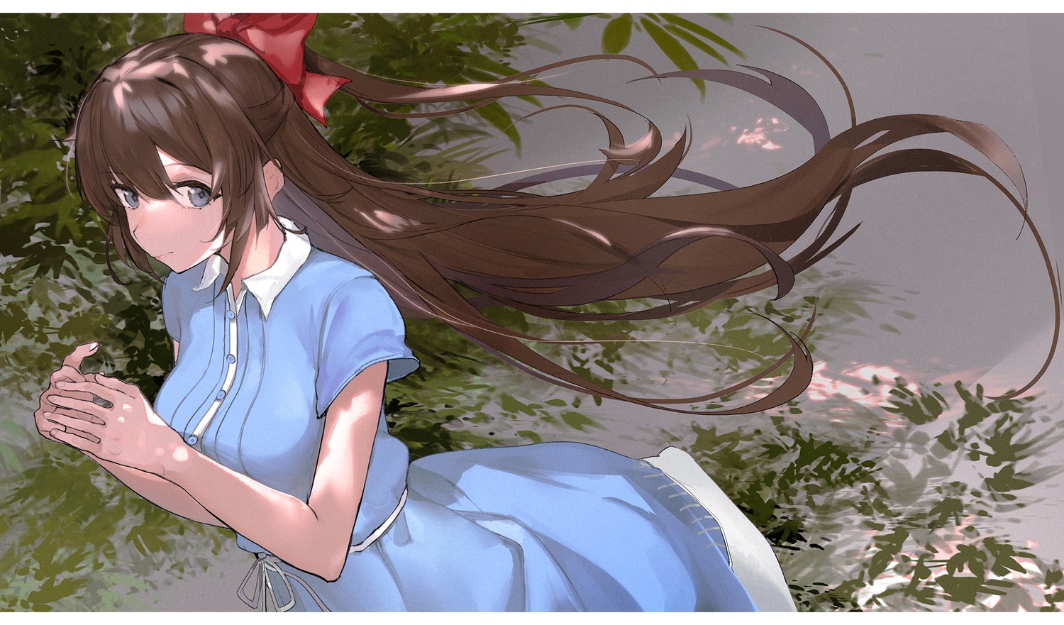 blue_eyes, blush, brown_hair, dress, leaves, long_hair, love_live!_nijigasaki_high_school_idol_club, love_live!_school_idol_project