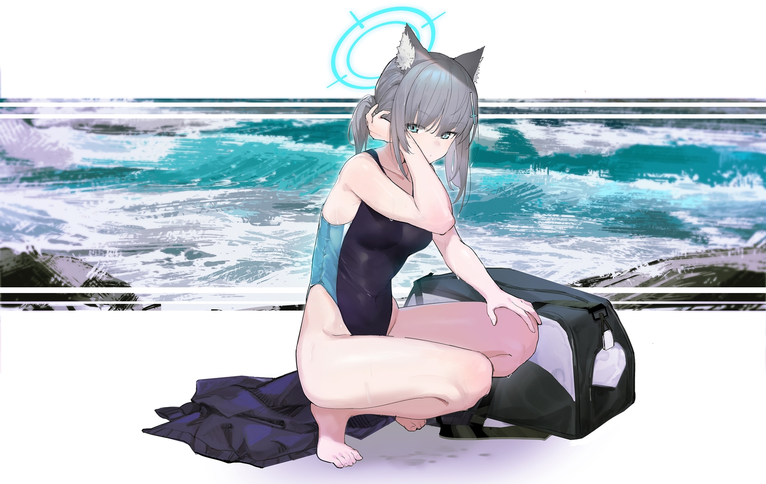 animal_ears, aqua_eyes, barefoot, blue_archive, gray_hair, halo, ponytail, shiyashiki, short_hair, sunaookami_shiroko, swimsuit, water, wolfgirl