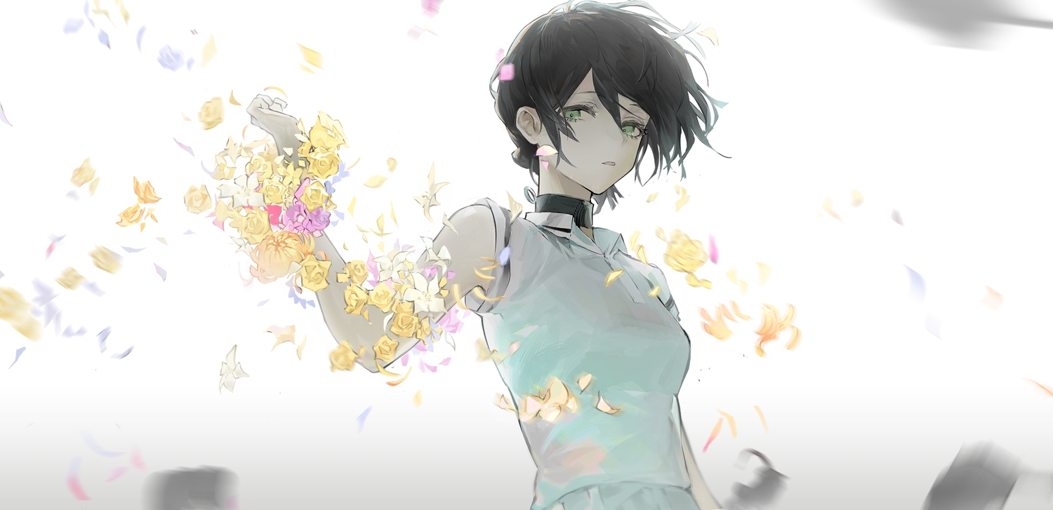 aliasing, black_hair, chainsaw_man, choker, flowers, green_eyes, koio, petals