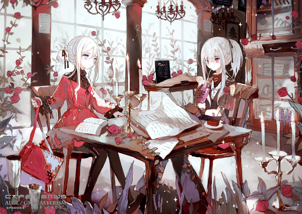2girls, blue_eyes, book, cake, flowers, food, original, paper