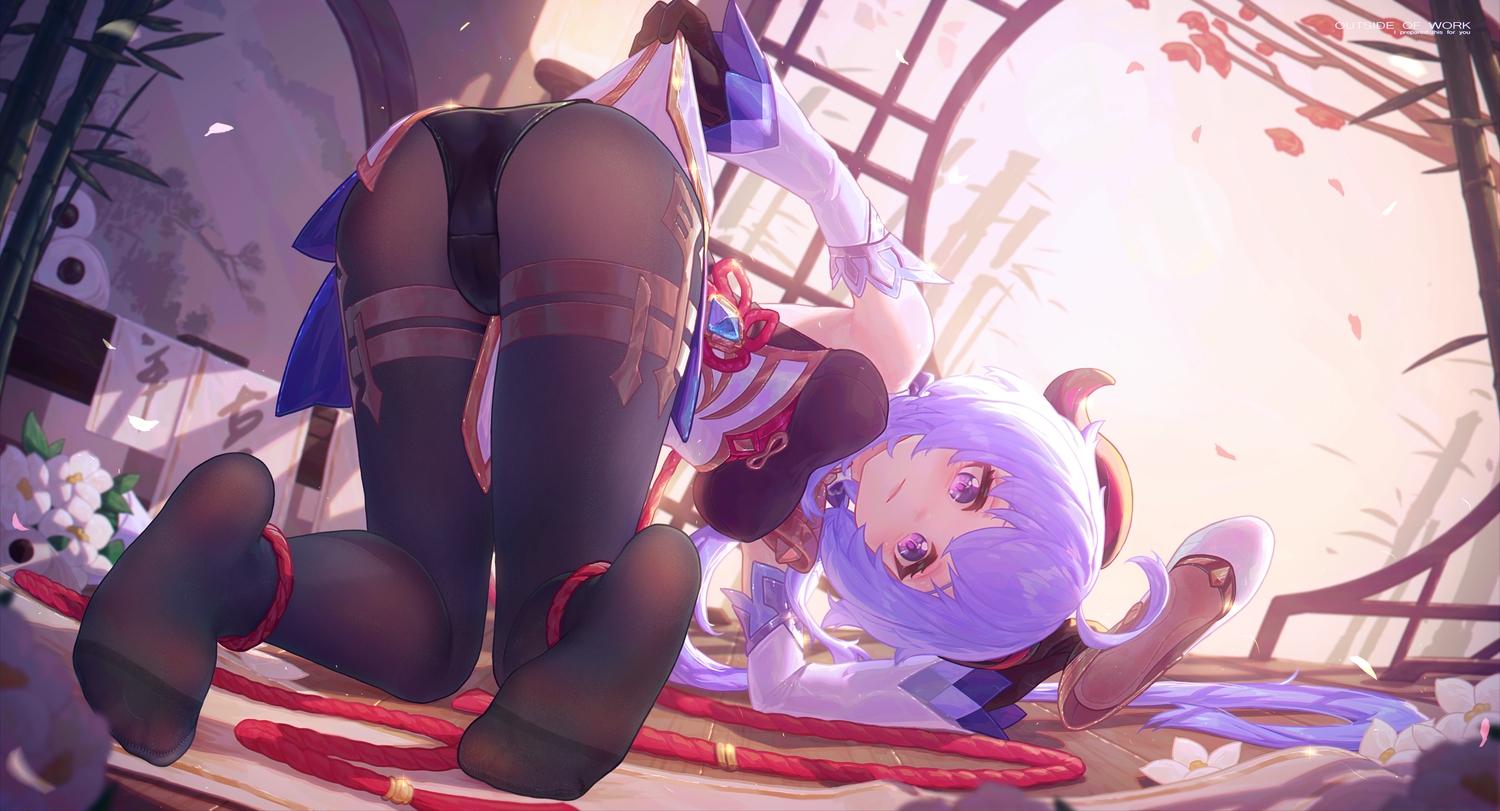 ass, blue_hair, cameltoe, ganyu_(genshin_impact), genshin_impact, icecake, leotard, pantyhose