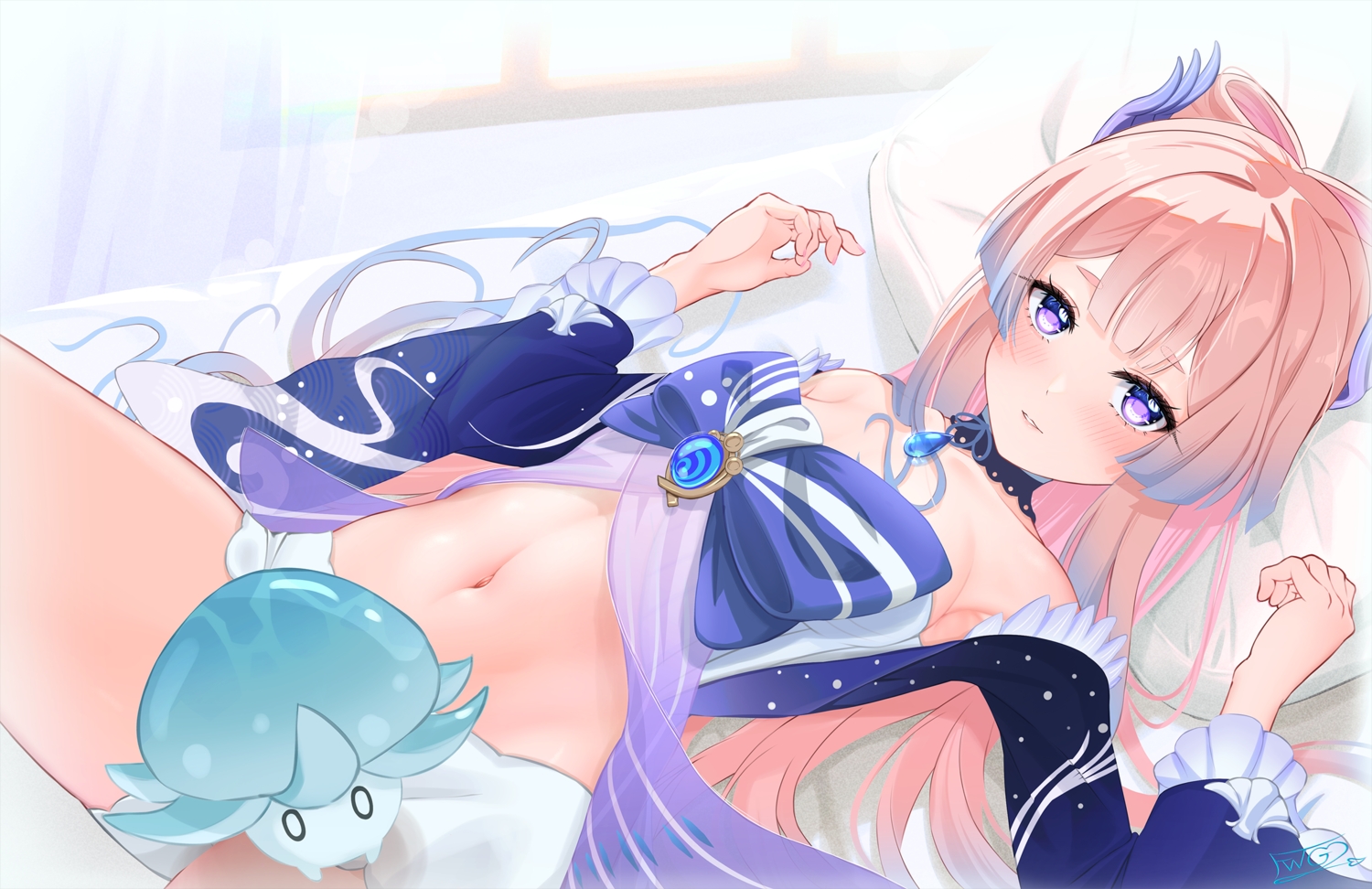 bed, fuwa_gengetsu, genshin_impact, long_hair, navel, pink_hair, purple_eyes, sangonomiya_kokomi