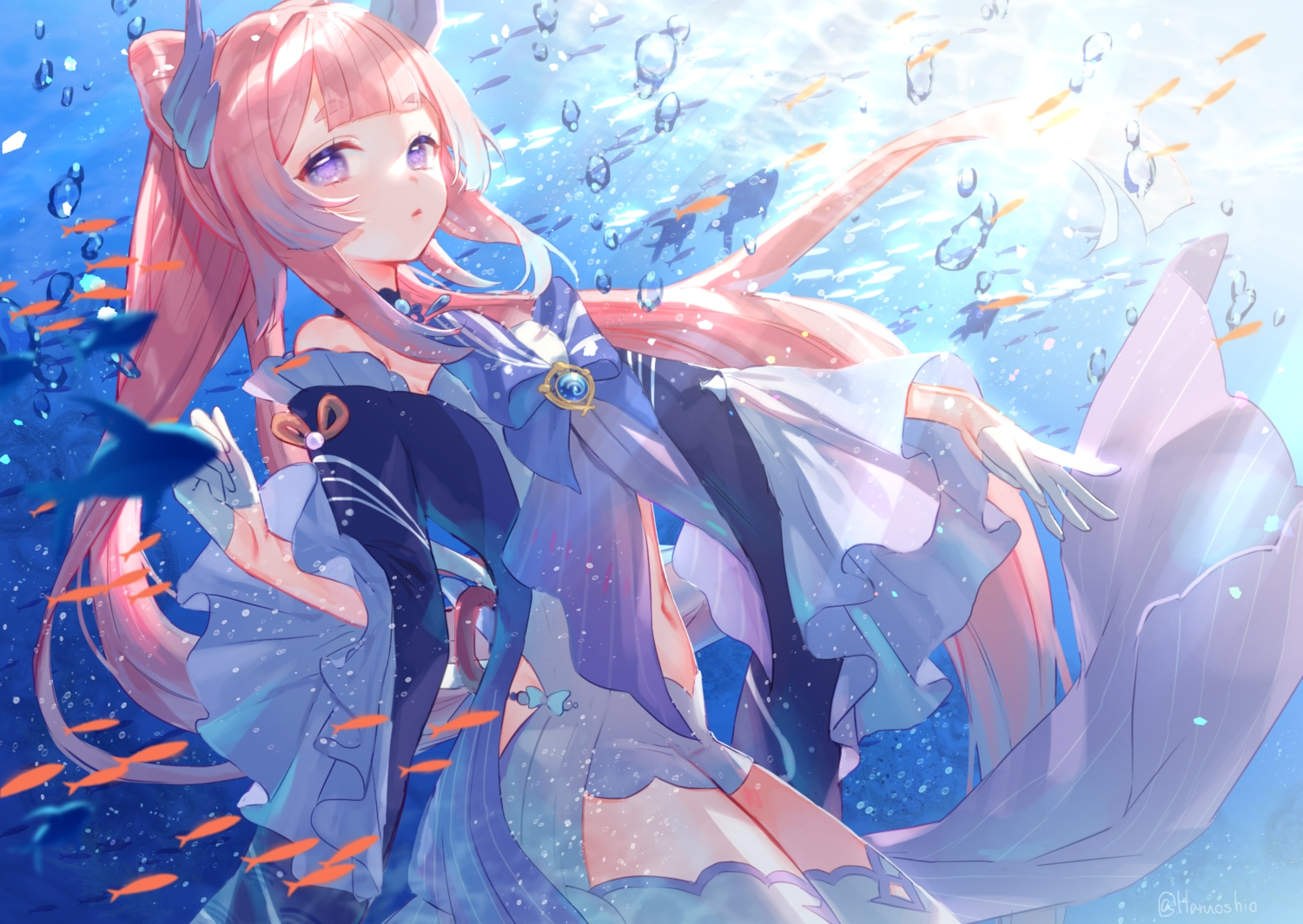 animal, fish, genshin_impact, gloves, harushio, long_hair, pink_hair, purple_eyes