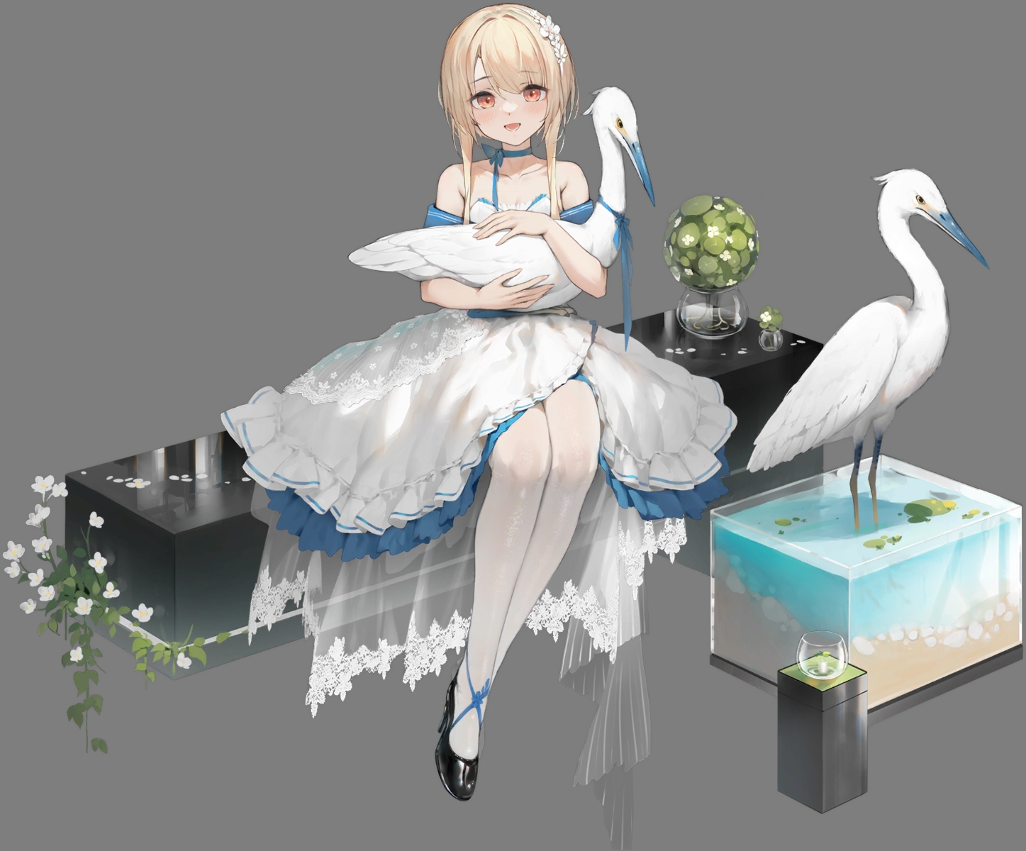animal, anthropomorphism, azur_lane, bird, blonde_hair, dress, flowers, juneau_(azur_lane), pantyhose, tagme_(artist), transparent