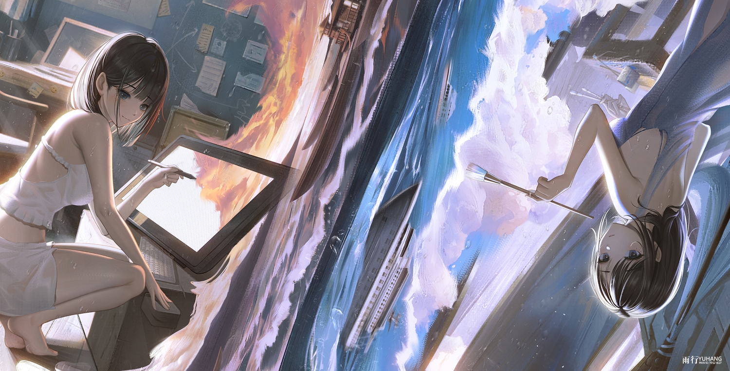 beach, brown_eyes, brown_hair, clouds, dress, original, skirt, sky