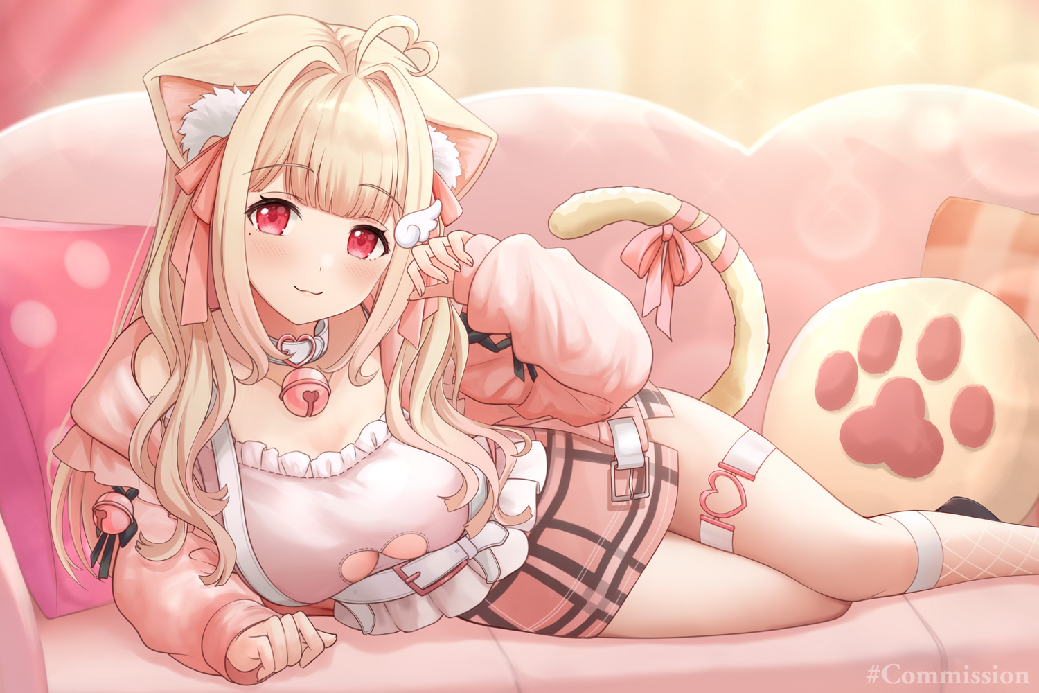 animal_ears, bell, blonde_hair, bow, catgirl, cat_smile, collar, couch