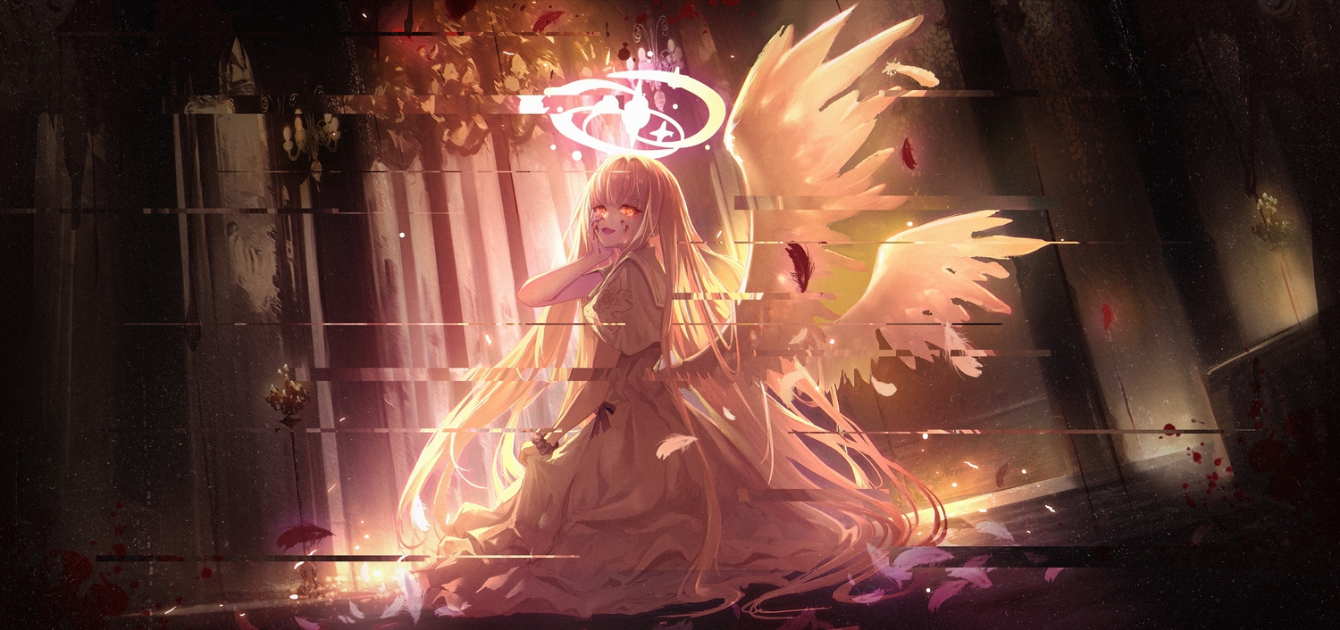 angel, blue_archive, crying, dress, feathers, halo, long_hair, misono_mika