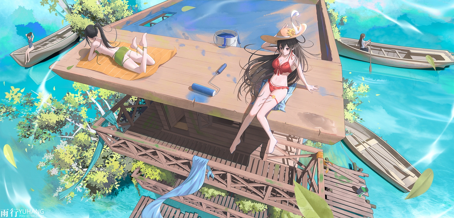 ass, barefoot, bikini, black_hair, brown_hair, hat, long_hair, navel