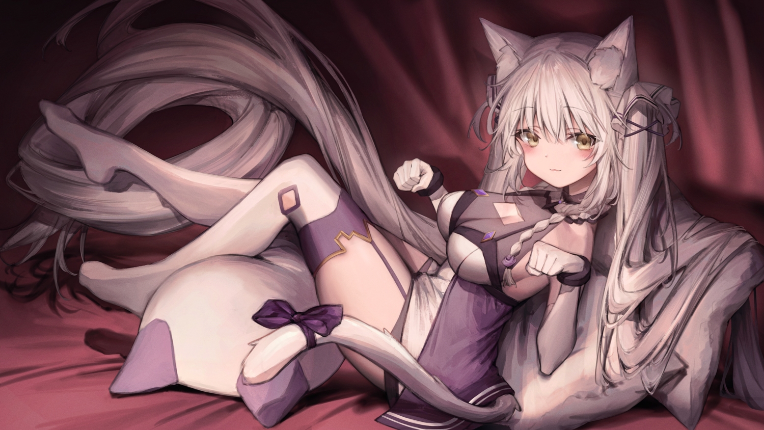 animal_ears, blush, braids, breasts, brown_eyes, cat_smile, cleavage, elbow_gloves