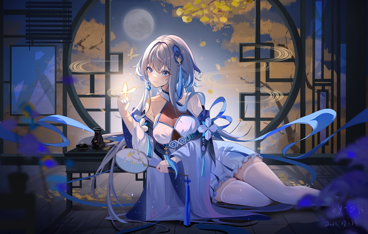 autumn, butterfly, fan, genshin_impact, gray_hair, guizhong_(genshin_impact), leaves, long_hair