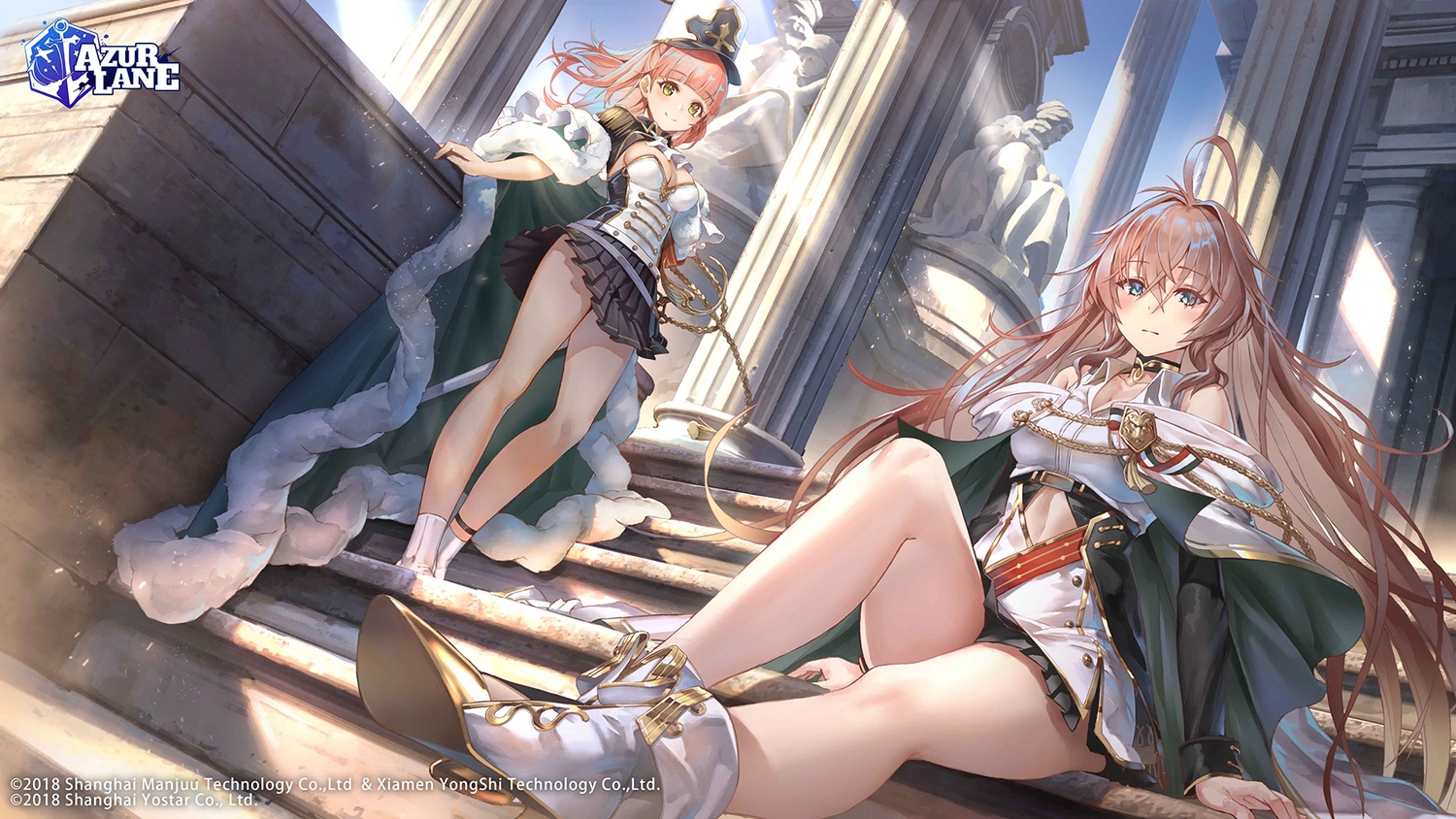 2girls, anthropomorphism, aqua_eyes, azur_lane, blush, breasts, brown_hair, building, cape, choker, cleavage, green_eyes, hat, impero_(azur_lane), logo, long_hair, military, pink_hair, pompeo_magno_(azur_lane), sho_(shoichi-kokubun), skirt, skirt_lift, sky, socks, stairs, sword, weapon