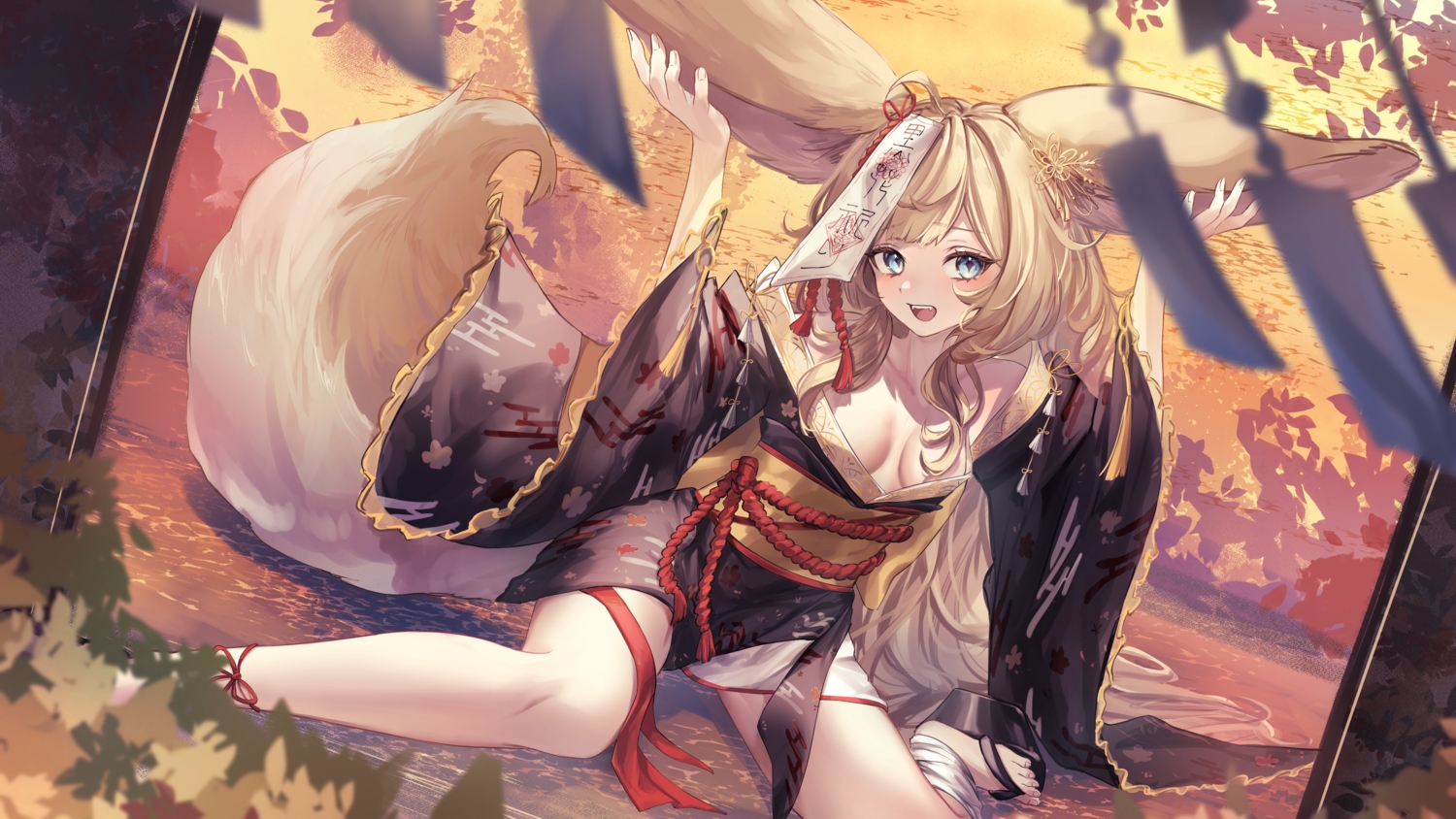 animal_ears, brown_hair, fang, japanese_clothes, kimono, long_hair, no_bra, ofuda, tail, una_kamra, water