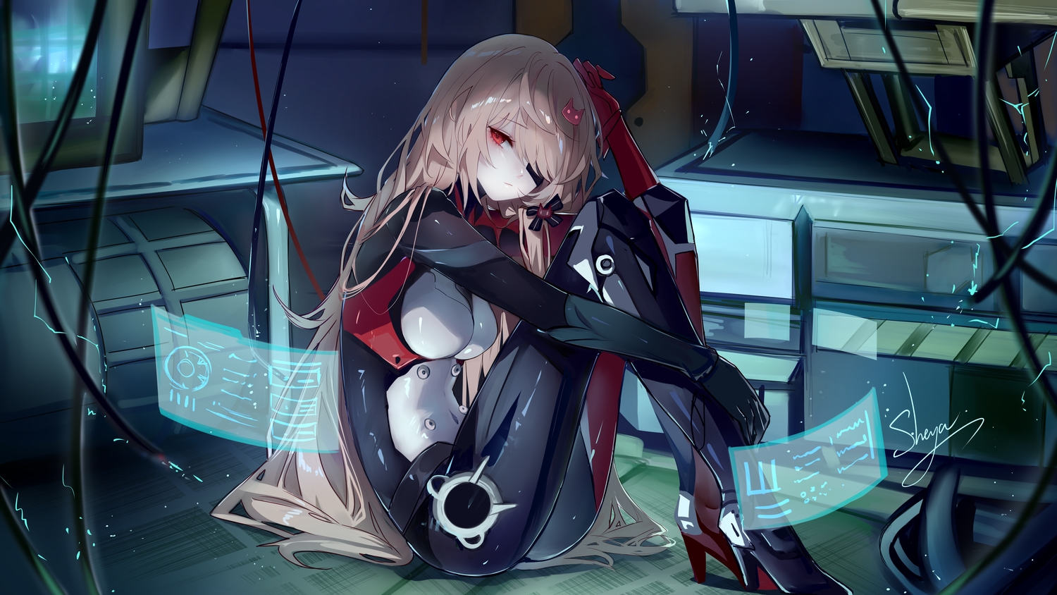 bodysuit, brown_hair, eyepatch, long_hair, nemesis_(tower_of_fantasy), red_eyes, sheya, signed