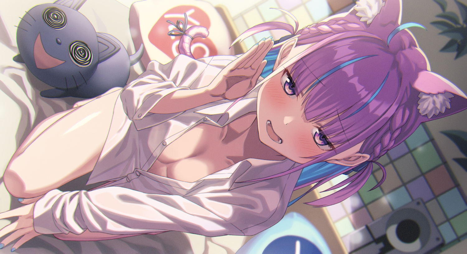 animal_ears, bed, blush, braids, catgirl, hololive, long_hair, minato_aqua