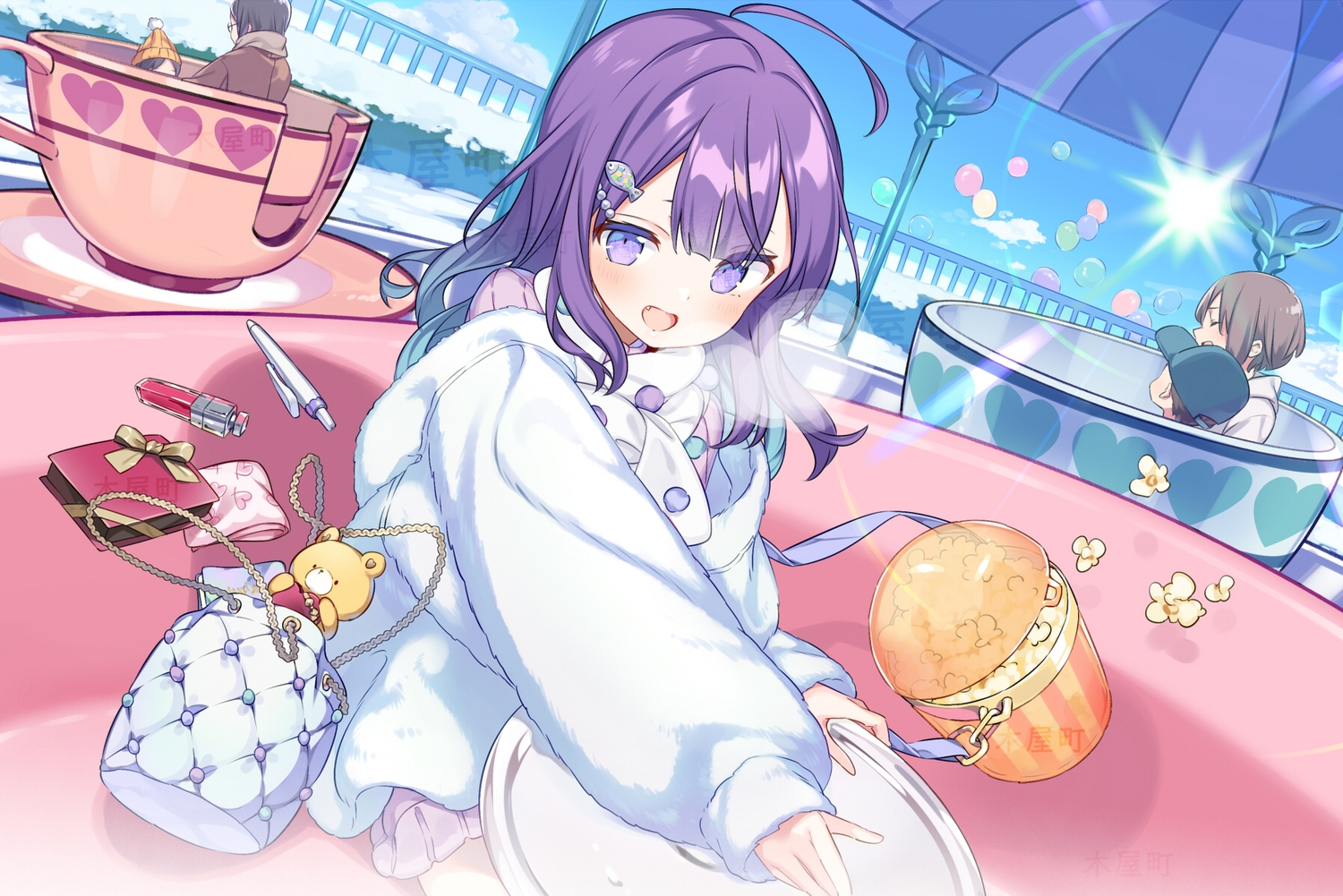 blush, clouds, fang, food, group, hanayori_jyoshiryou, hat, kiya_machi