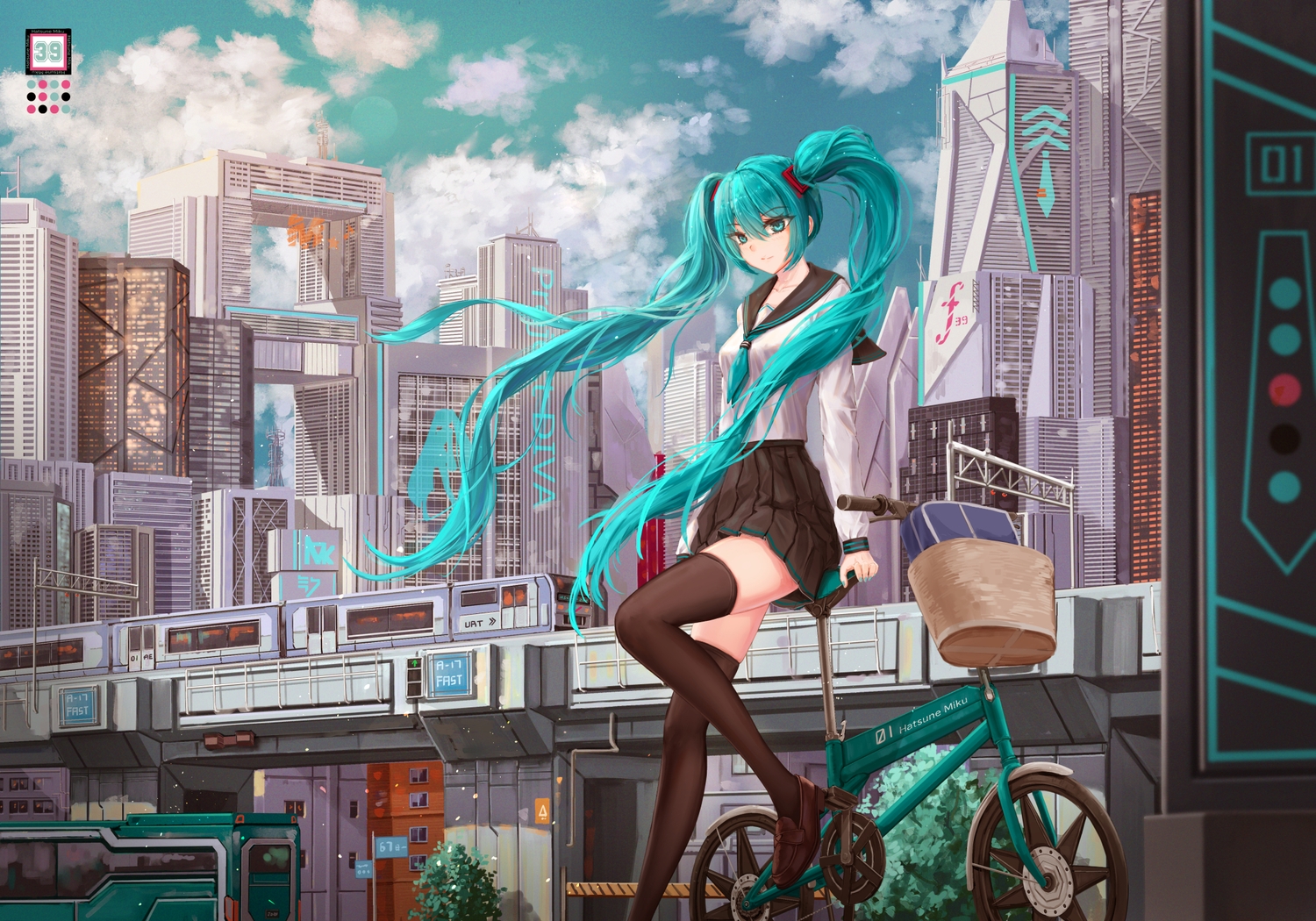 aqua_eyes, aqua_hair, bicycle, building, city, clouds, hatsune_miku, school_uniform
