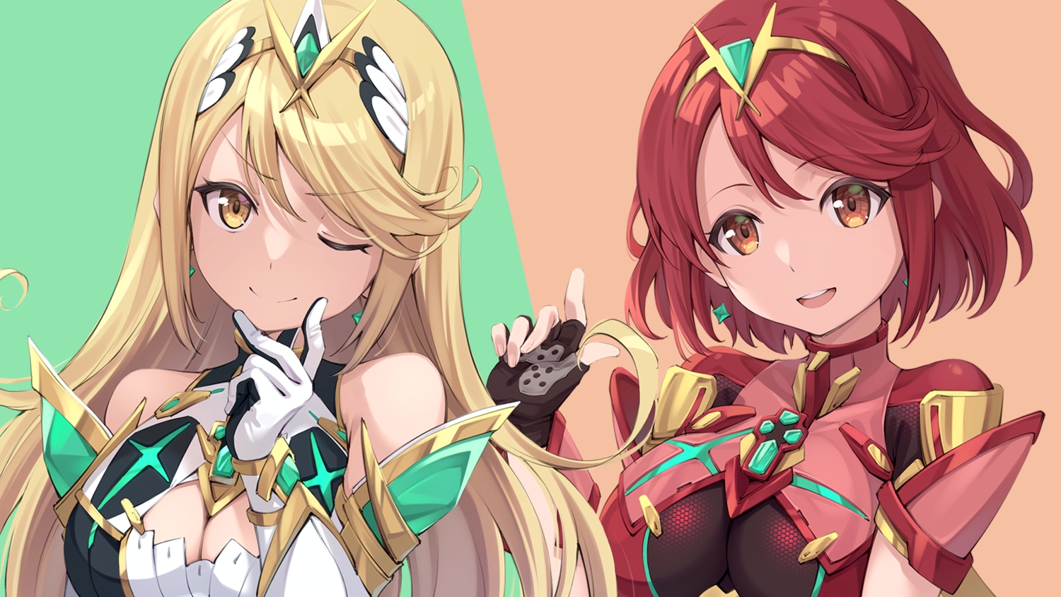 2girls, amerika_juu_pan, armor, blonde_hair, breasts, brown_eyes, cleavage, close, elbow_gloves, gloves, hikari_(xenoblade), homura_(xenoblade), long_hair, red_hair, short_hair, wink, xenoblade, yellow_eyes