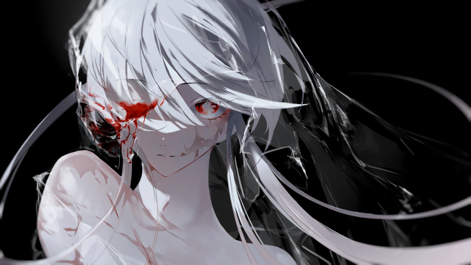 blood, close, gray_hair, long_hair, original, polychromatic, red_eyes, xxkakubixx