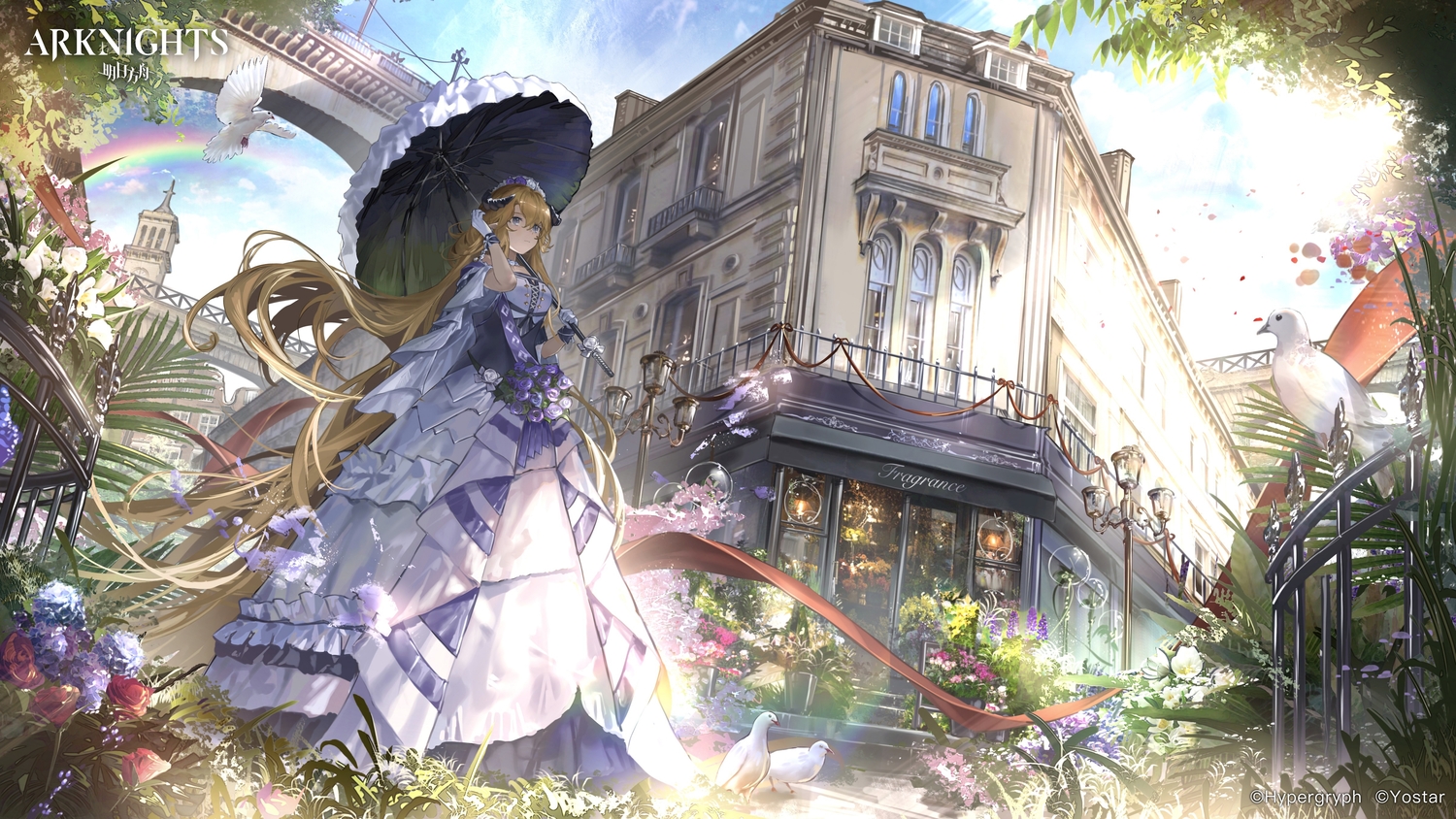 animal, arknights, bird, blonde_hair, building, clouds, dress, flowers