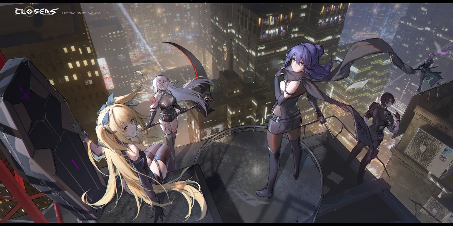 blonde_hair, building, city, closers, eunha_(closers), gray_hair, group, long_hair, lucy_(closers), male, mirae_(closers), ponytail, purple_hair, skirt, swd3e2, tagme_(character), thighhighs, watermark, weapon