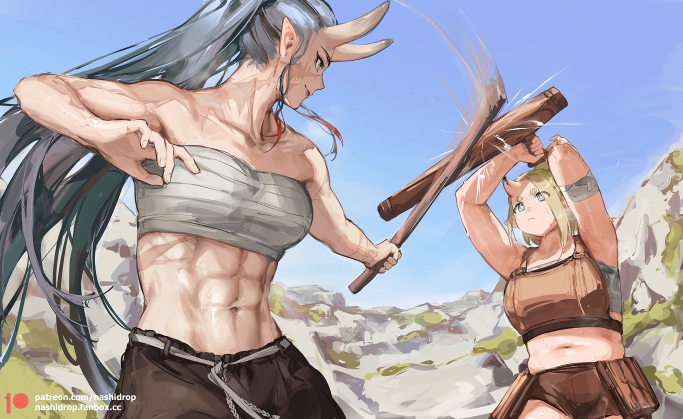 2girls, aqua_eyes, bandage, basaliah_(nashidrop), blonde_hair, gray_eyes, gray_hair, horns, long_hair, nashidrop, navel, original, pear_(nashidrop), pointed_ears, ponytail, sarashi, scar, short_hair, shorts, sketch, sky, underwear, watermark, weapon
