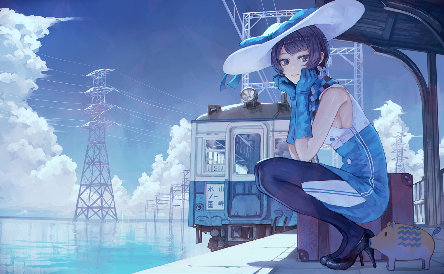black_hair, blue_eyes, breasts, clouds, gloves, hat, scarf, scenic