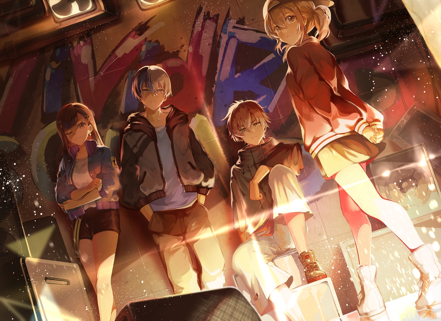 aoyagi_touya, azusawa_kohane, graffiti, group, hat, hood, male, project_sekai, saihate, shinonome_akito, shiraishi_an, shorts, signed, wink