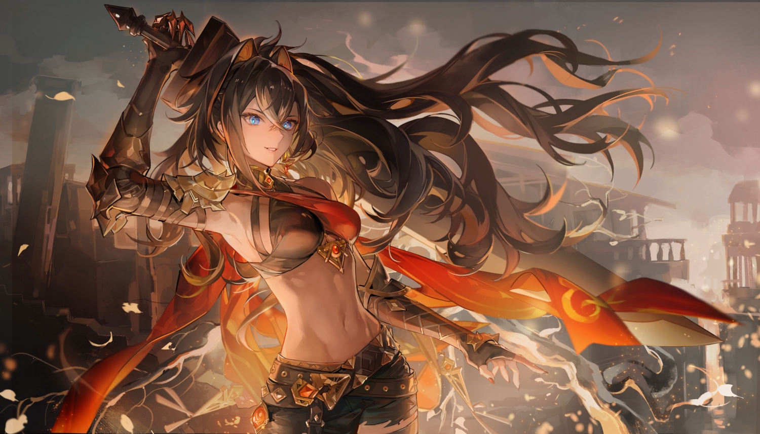 animal_ears, armor, blonde_hair, blue_eyes, brown_hair, dehya_(genshin_impact), genshin_impact, gloves