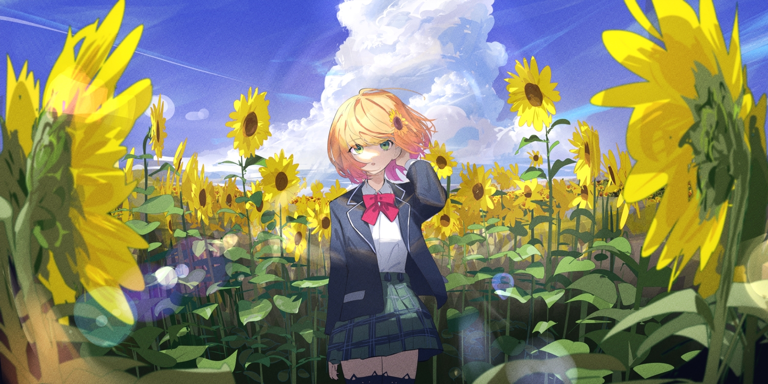 clouds, flowers, green_eyes, honma_himawari, nijisanji, orange_hair, roitz_(_roitz_), school_uniform, short_hair, sky, sunflower, zettai_ryouiki