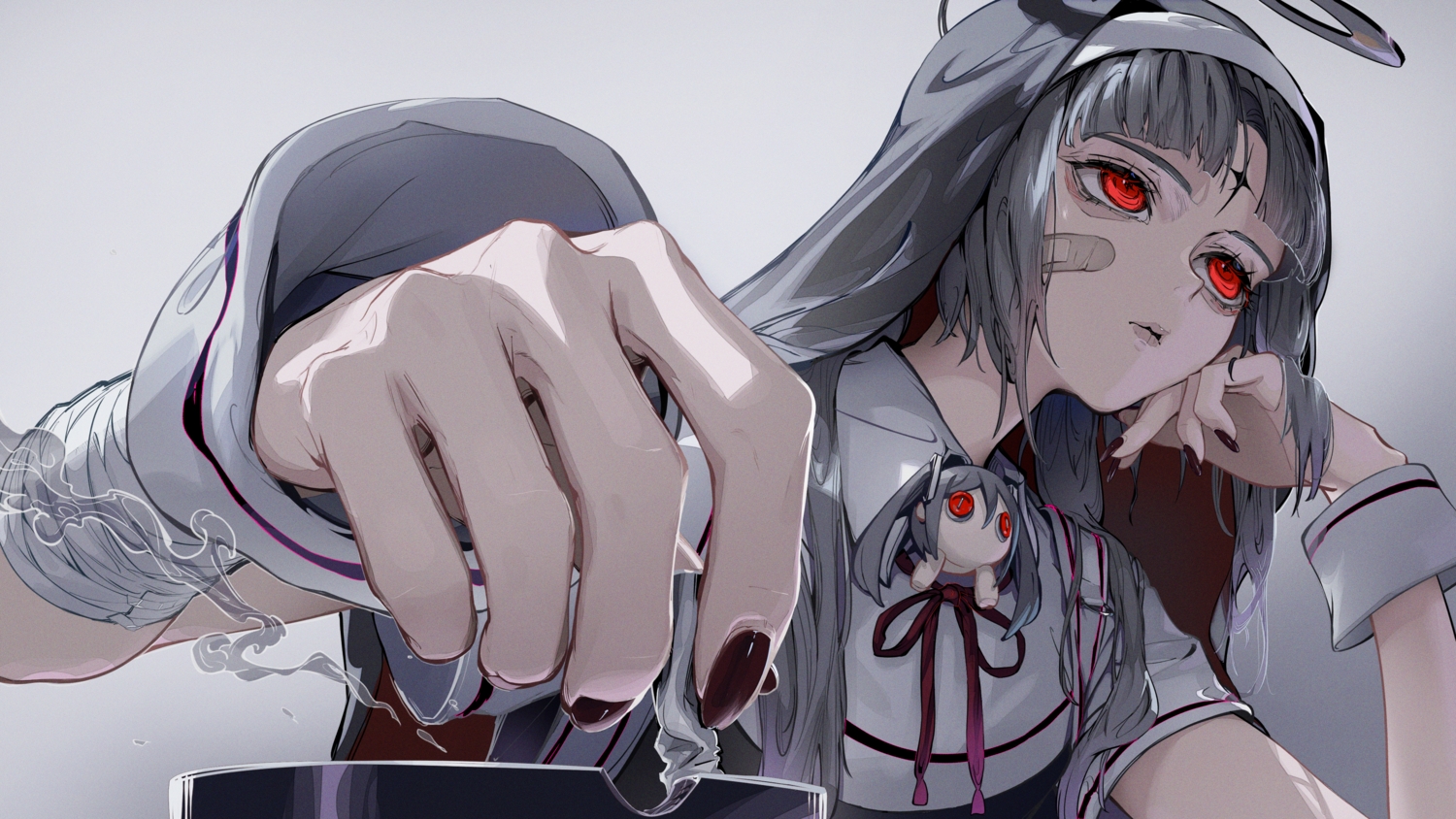 bandaid, cigarette, gradient, gray_hair, hatsune_miku, nun, red_eyes, roitz_(_roitz_), vocaloid