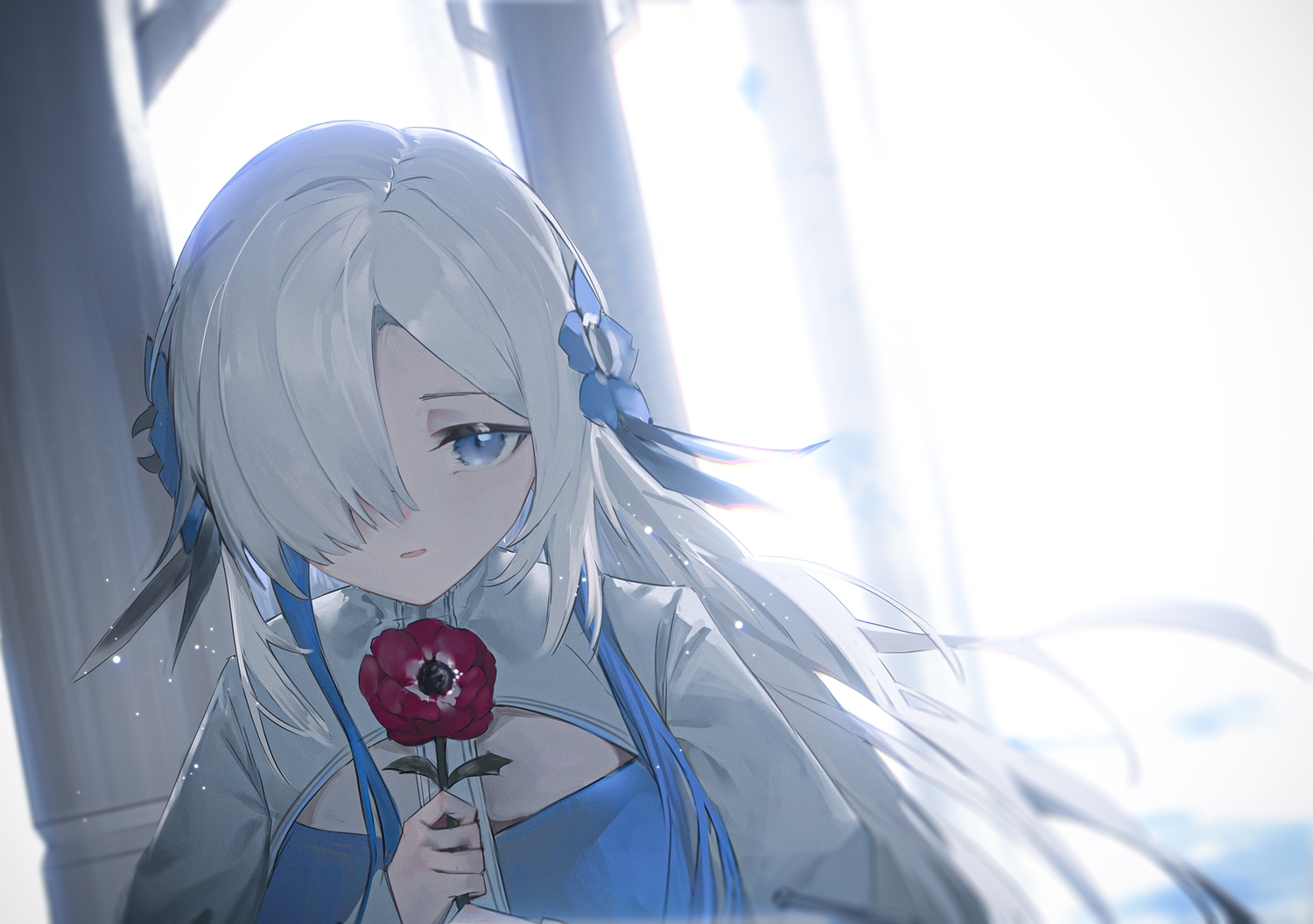 blue_eyes, flowers, isekaijoucho, kamitsubaki_studio, long_hair, shiraishi_kanoya, white_hair