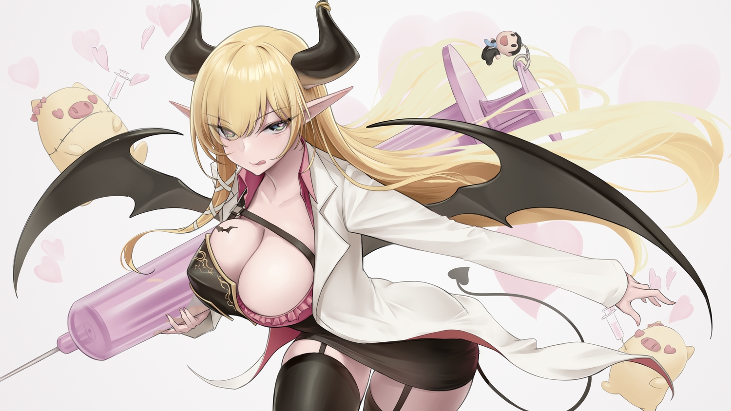 armor, blonde_hair, breasts, cleavage, demon, garter_belt, green_eyes, hololive
