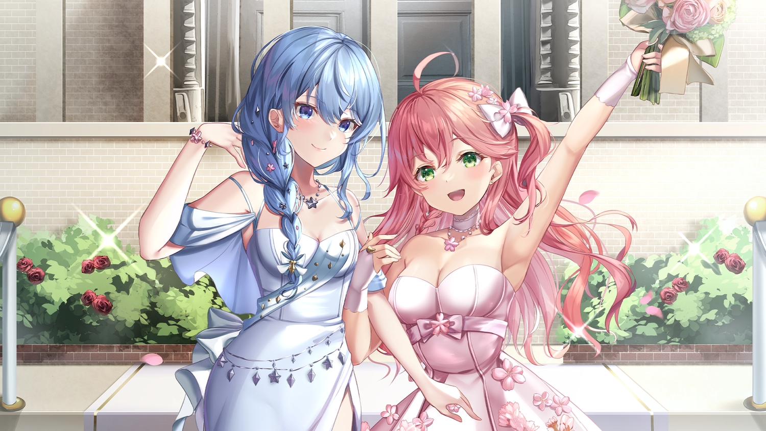 2girls, aqua_hair, blue_eyes, blush, bow, braids, dress, flowers