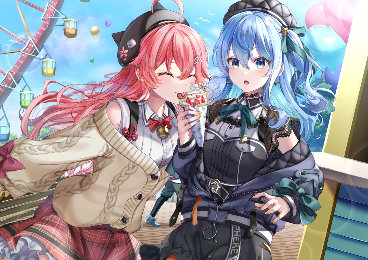 2girls, aqua_hair, clouds, food, gakuon_(gakuto), hat, hololive, hoshimachi_suisei