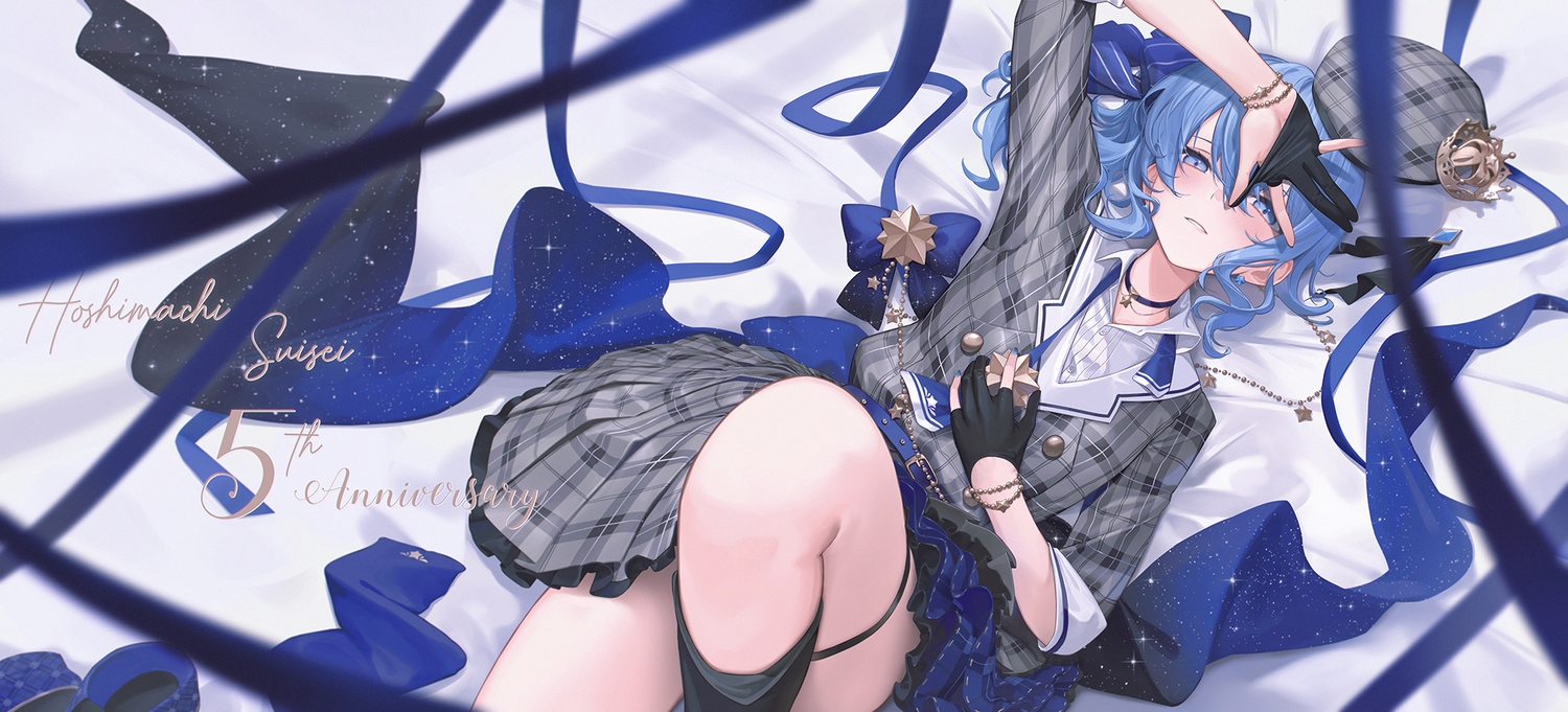 blue_eyes, blue_hair, garter, gloves, hololive, hoshimachi_suisei, jacky5493, kneehighs