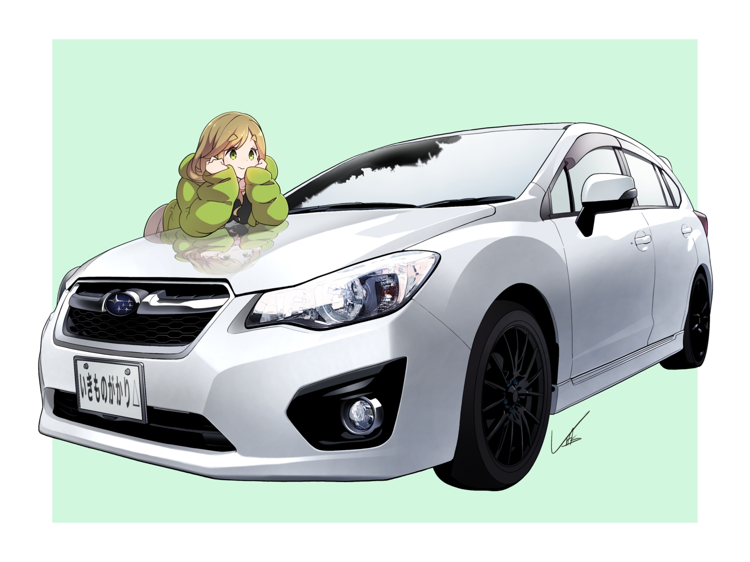 brown_hair, car, fang, green_eyes, hood, inuyama_aoi, long_hair, signed, yasu_(pixiv), yuru_camp
