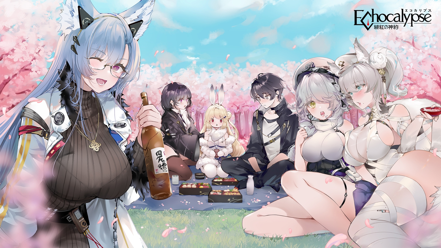 animal_ears, aqua_eyes, bandage, black_hair, blonde_hair, breasts, bunny_ears, bunnygirl