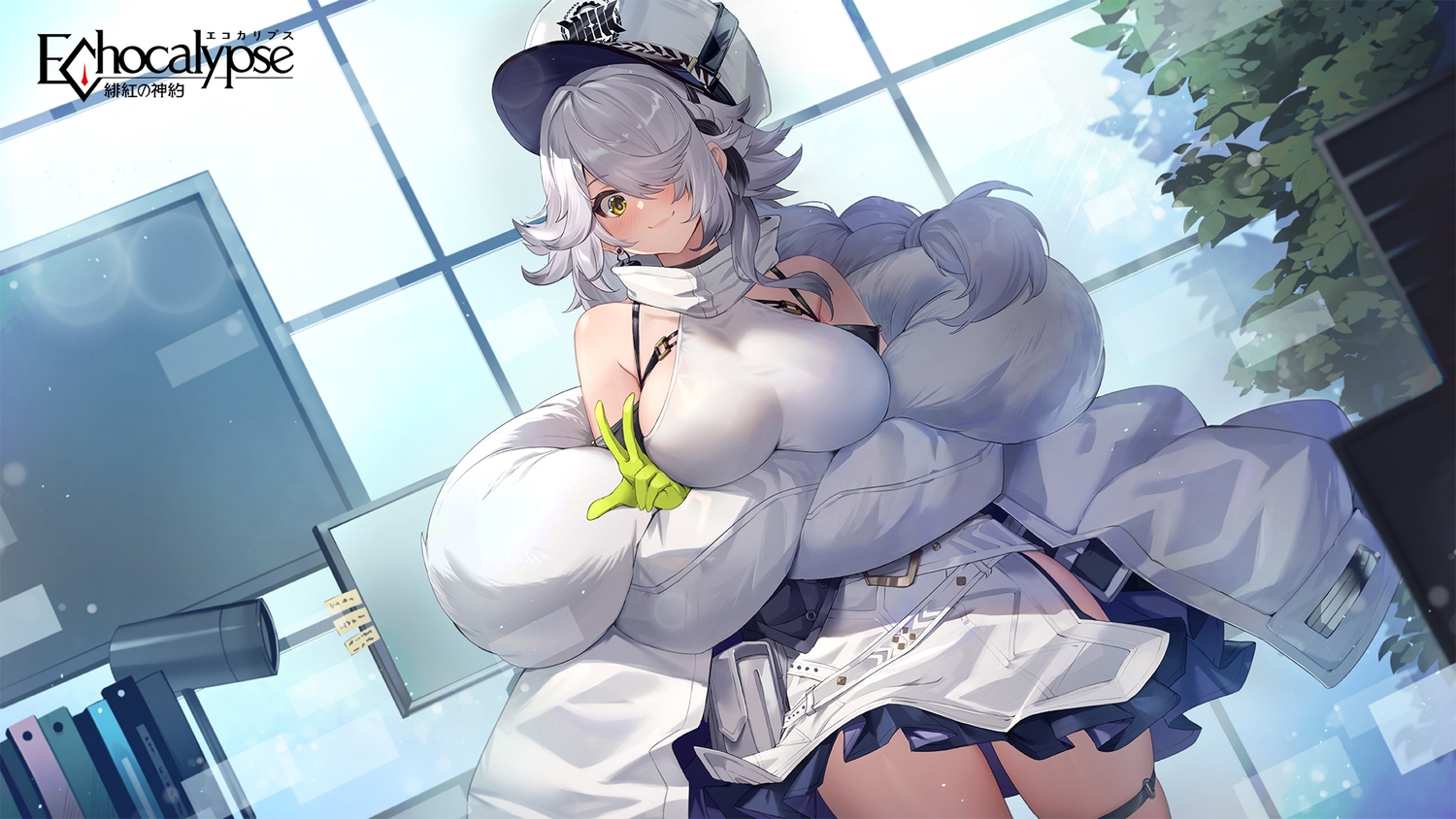 blush, braids, breast_hold, breasts, computer, dress, echocalypse, garter