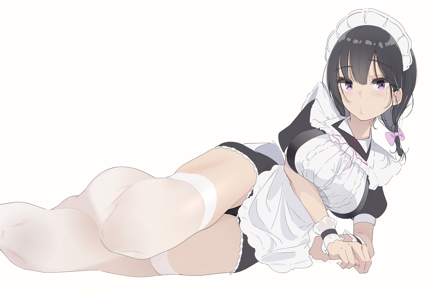 apron, black_hair, headdress, katuo1129, maid, original, panties, purple_eyes