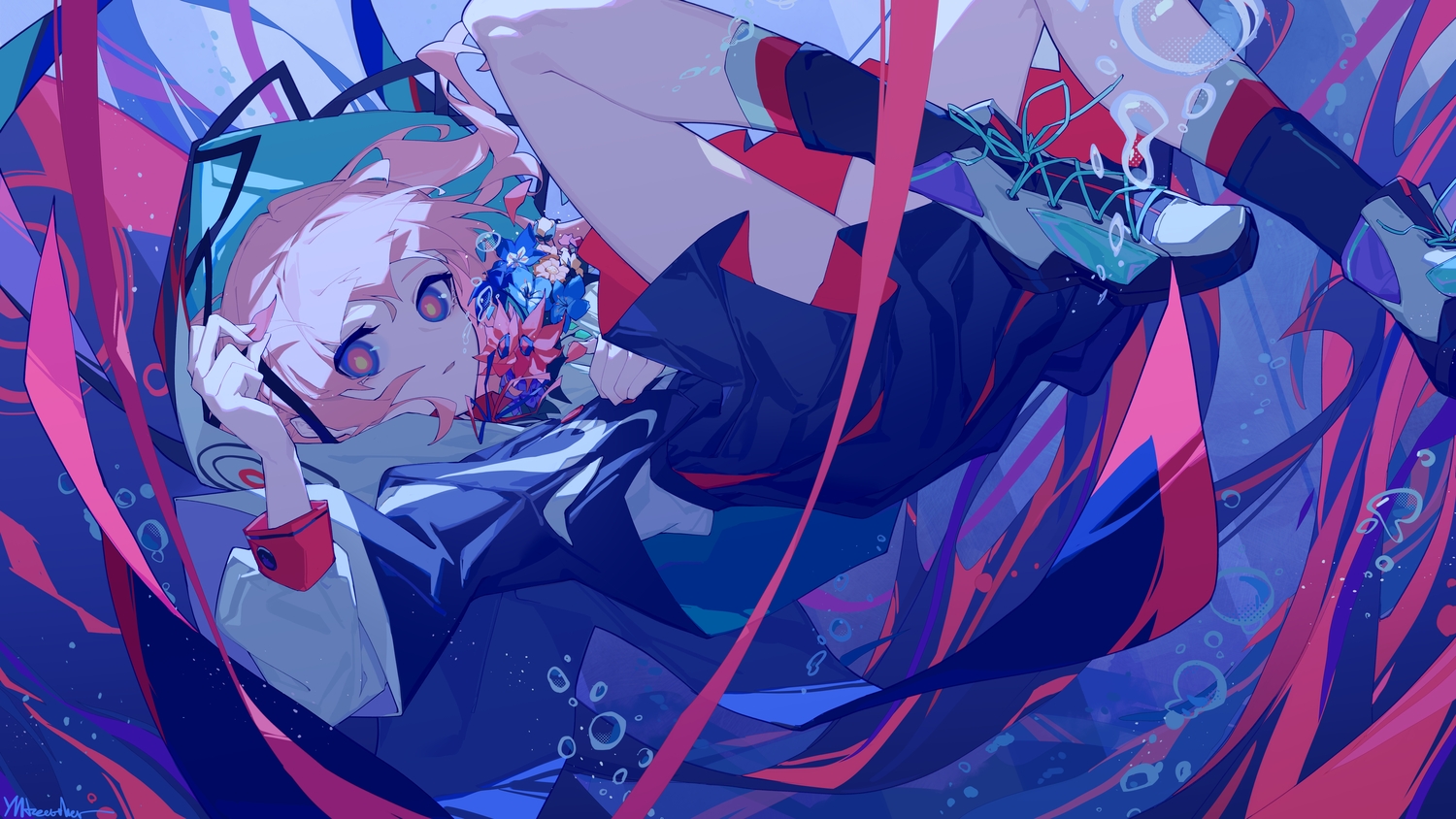 bubbles, fagun_yibei, flowers, hood, kaf, kamitsubaki_studio, pink_hair, signed, underwater, water