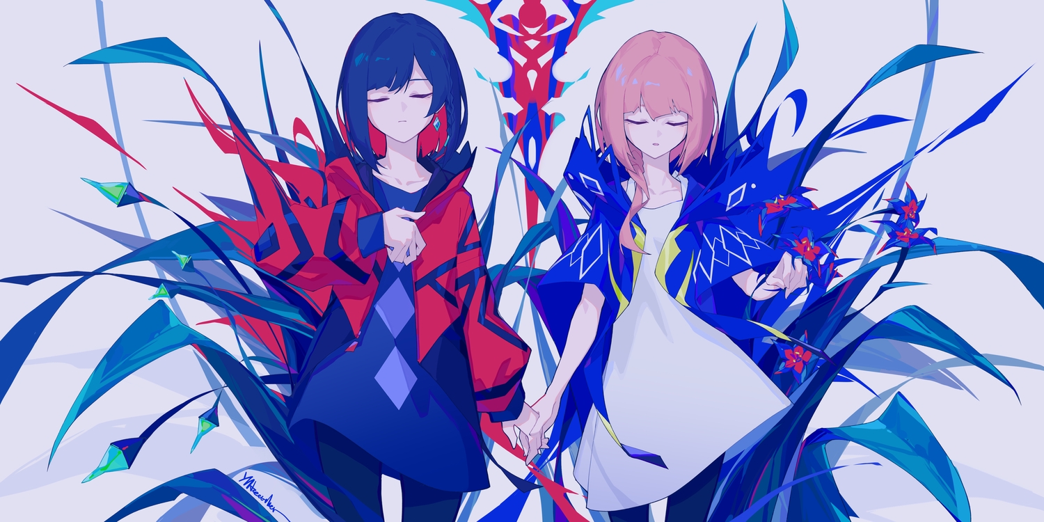2girls, blue_hair, fagun_yibei, flowers, hood, kaf, kamitsubaki_studio, pink_hair