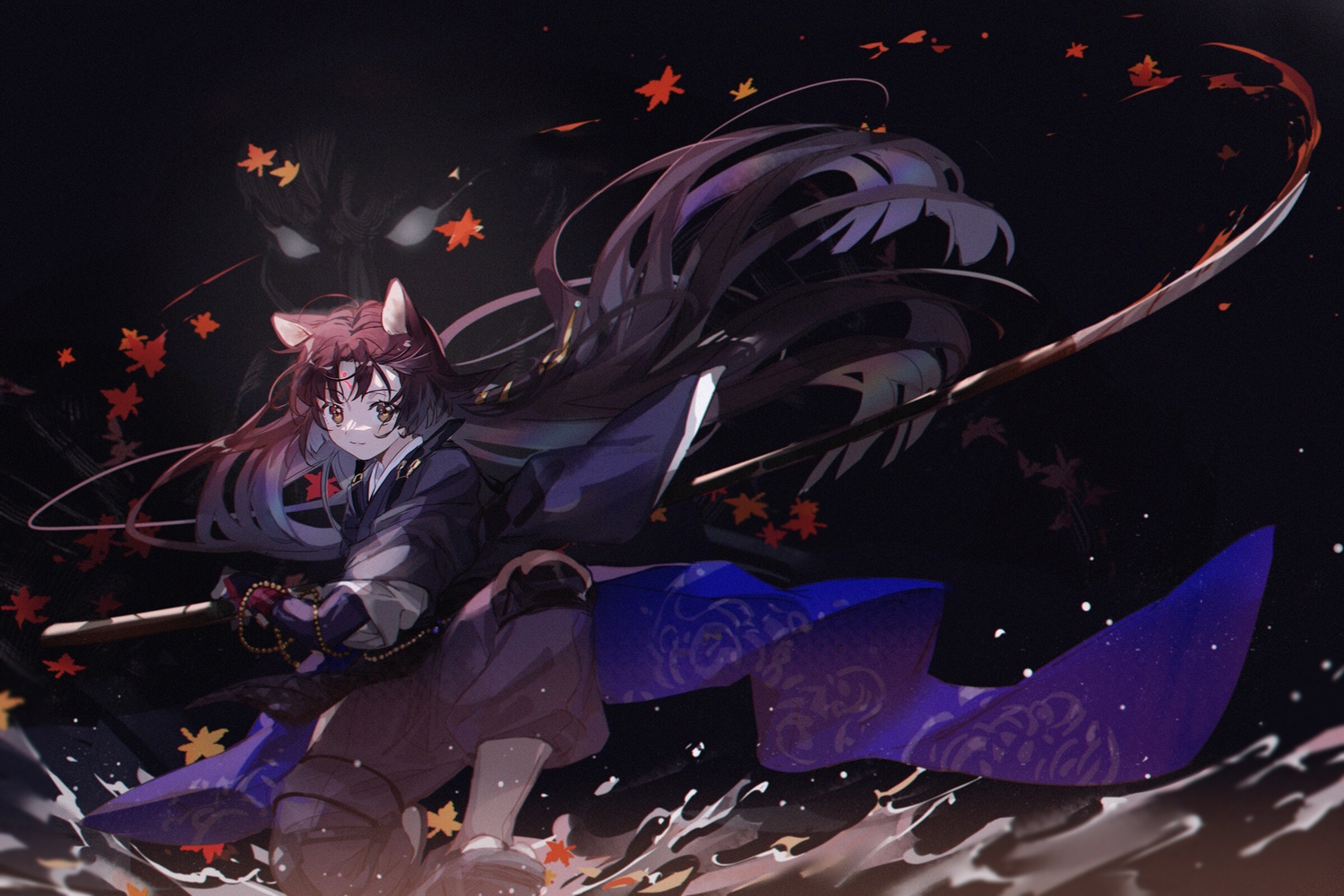 animal_ears, arknights, doggirl, hitokoto, katana, leaves, saga_(arknights), sword