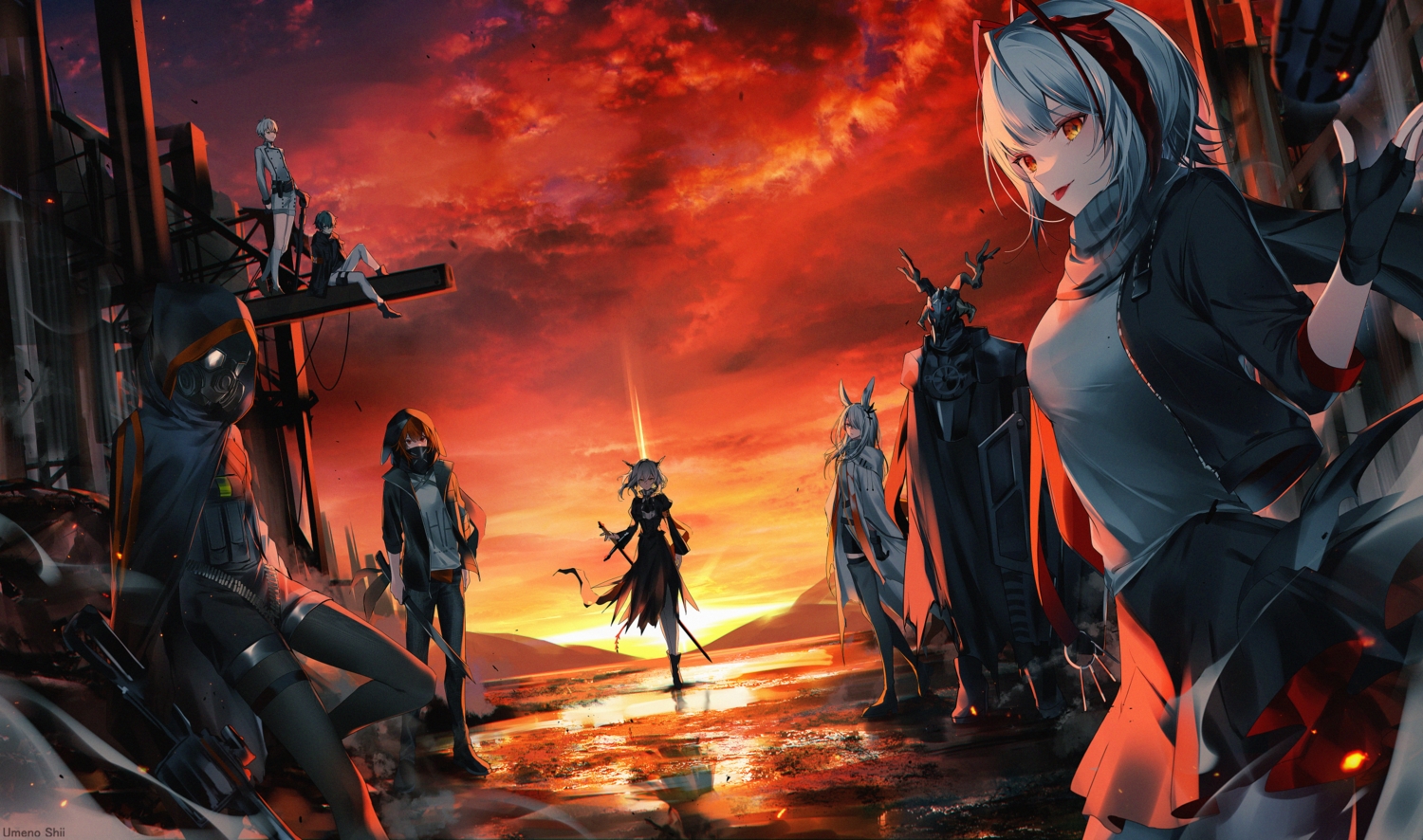 arknights, crownslayer_(arknights), faust_(arknights), frostnova_(arknights), group, male, mask, mephisto_(arknights), patriot_(arknights), skullshatterer_(arknights), sky, sunset, sword, talulah_(arknights), umeno_shii, w_(arknights), watermark, weapon