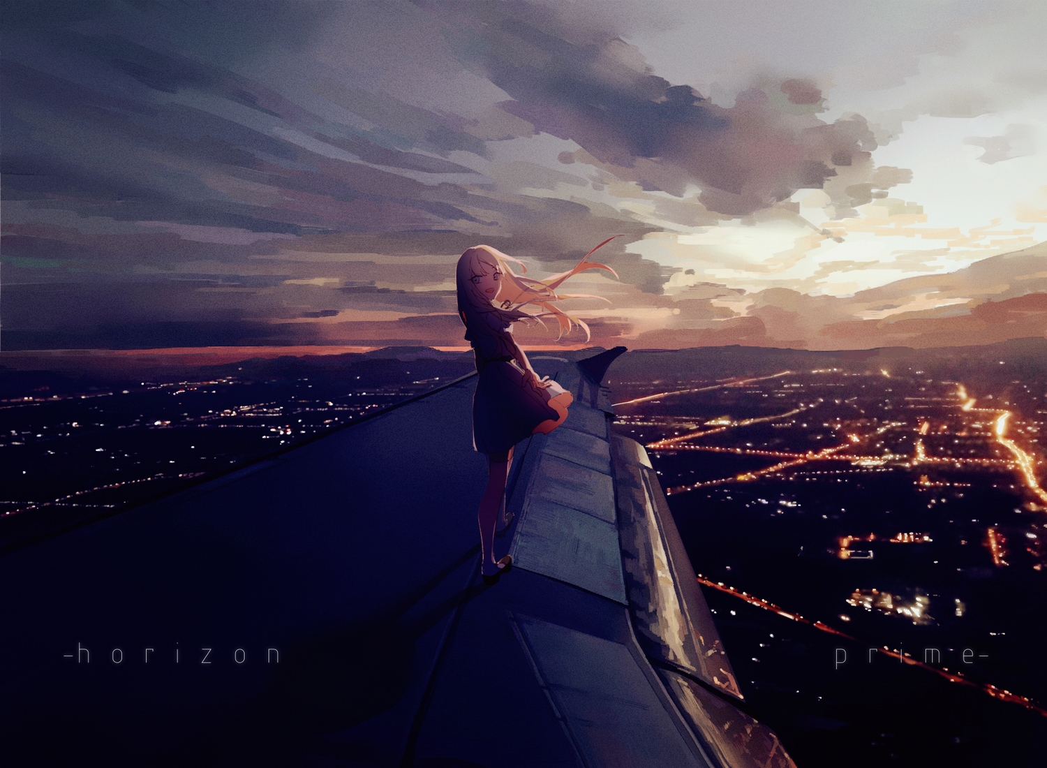 aircraft, building, city, clouds, dress, long_hair, mechari, original