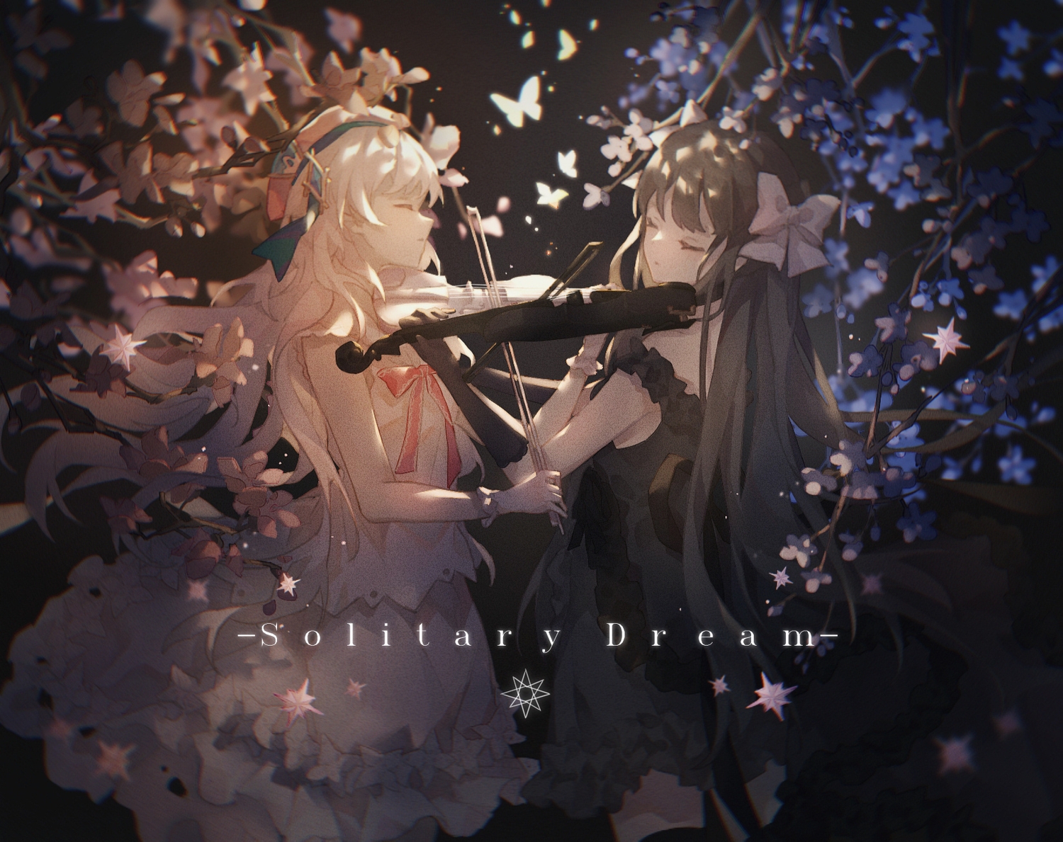 2girls, arcaea, black_hair, bow, flowers, instrument, mechari, violin