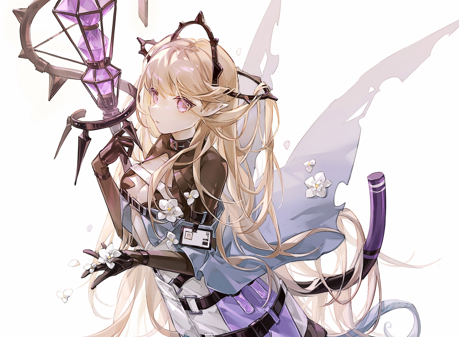 arknights, blonde_hair, breasts, cleavage, indigo_(arknights), mechari, pointed_ears, purple_eyes