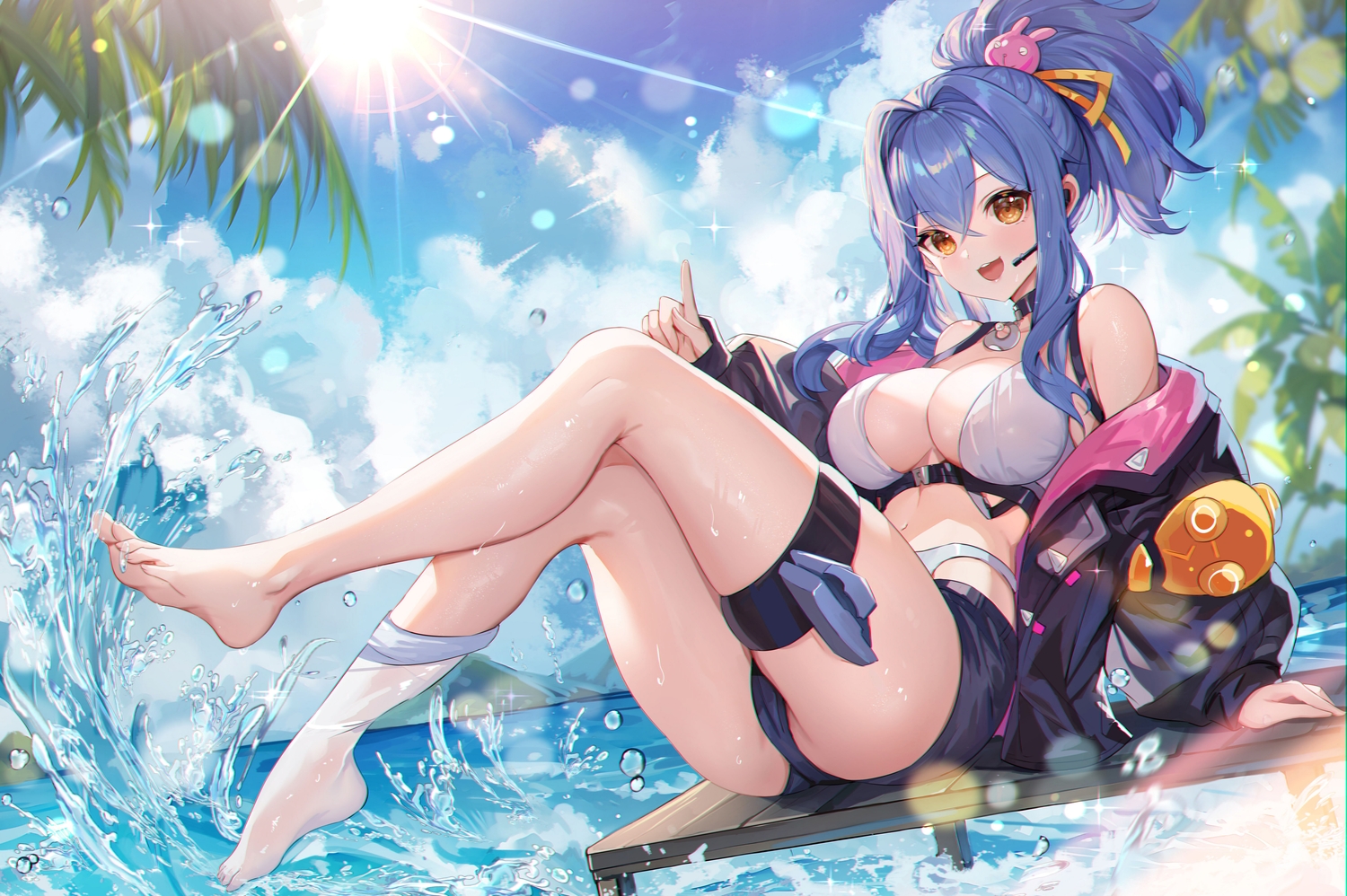 amelia_(world_flipper), barefoot, bikini, blue_hair, brown_eyes, cameltoe, clouds, garter, long_hair, microphone, open_shirt, shanguier, sky, swimsuit, water, world_flipper
