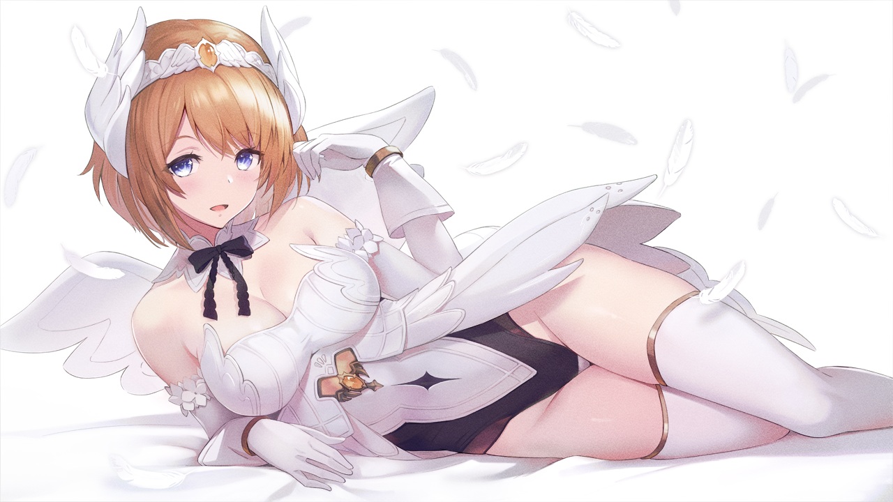 arcanadea, brown_hair, feathers, gloves, headband, lumitia, natsume_yochiki, short_hair, thighhighs, wings