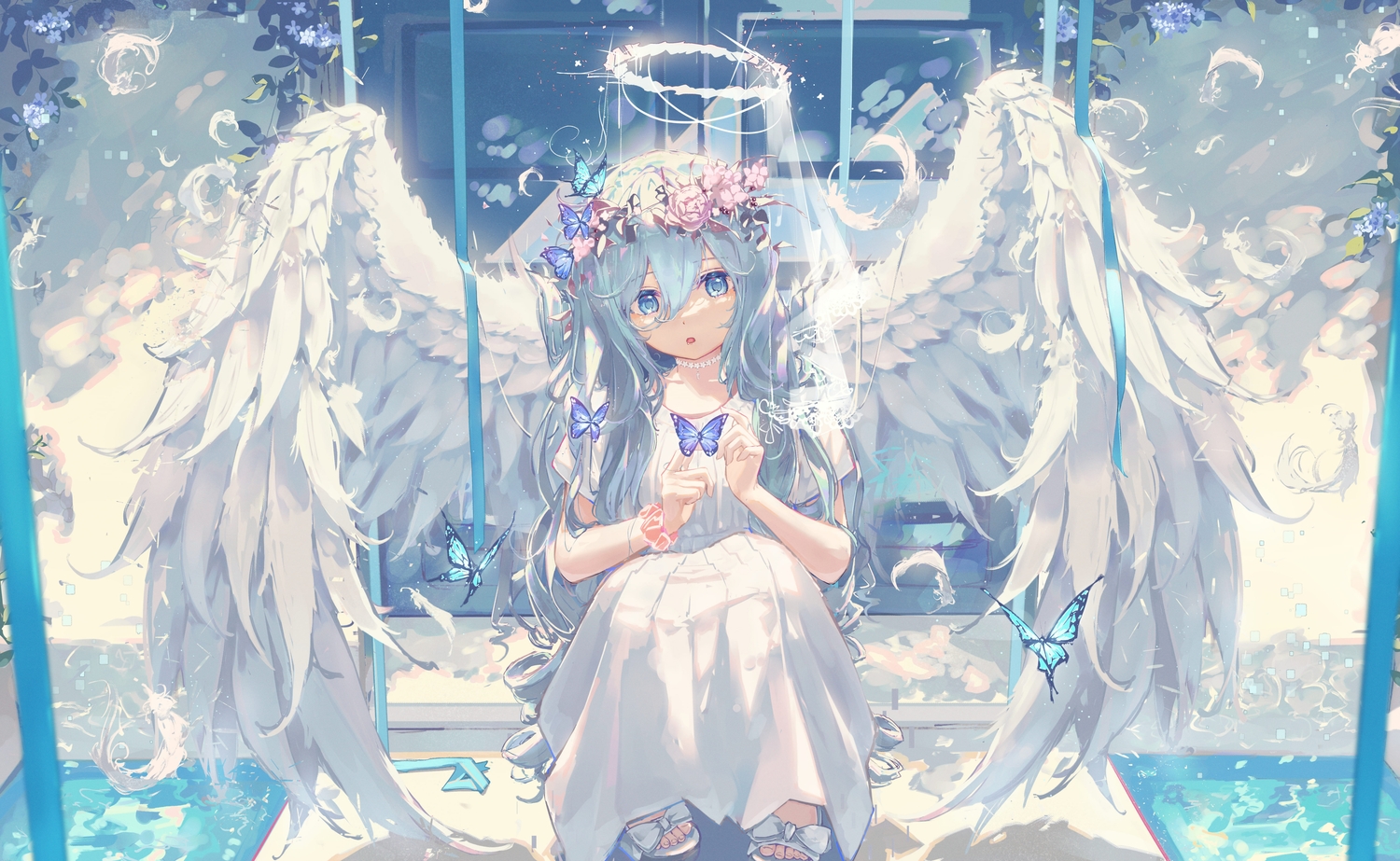angel, aqua_eyes, aqua_hair, butterfly, dress, feathers, flowers, fuunyon, halo, long_hair, original, rose, water, wings