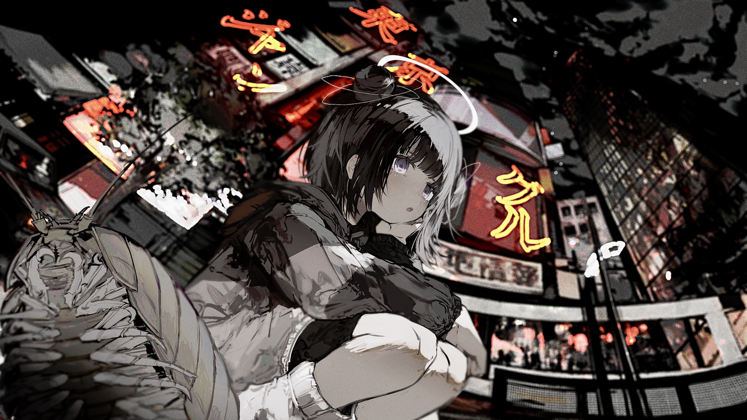 black_hair, building, city, halo, original, polychromatic, short_hair, tekito_midori